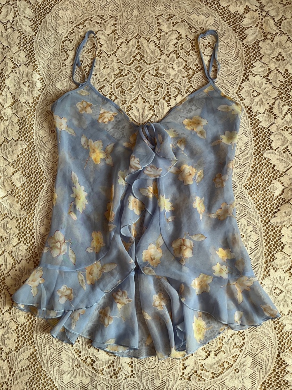 Premiere Amour Floral Chiffon Tie-Front Top, Blue & Butter Yellow, Size S